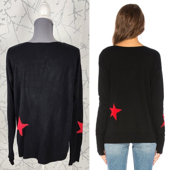 Pam & Gela Merino Wool Cashmere Blend Stars Print V-Neck Intarsia Sweater - Picture 3 of 4